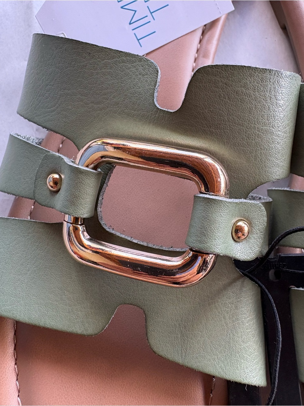 Time and Tru Olive Slide Sandals with Gold Buckle Accent - Picture 3 of 4